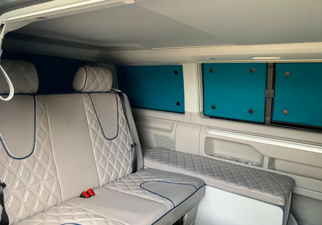 Inside a van with aqua thermal blinds fitted to the side windows